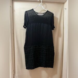 ANIMALE black 100% silk and wool dress with beaded and sheer upper size 38